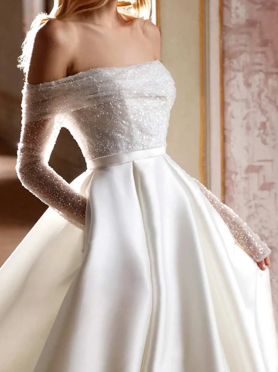 A-line White Glitter Wedding Dress | Sparkle Princess Gowns