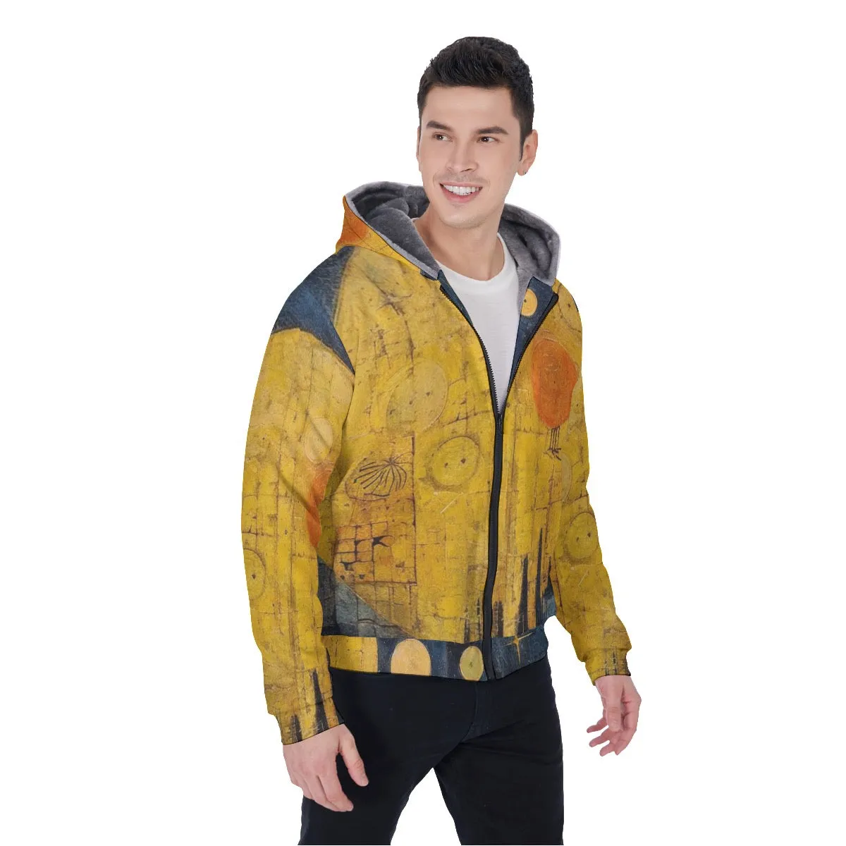 All-Over Print Men's Sherpa Fleece Zip Up Hoodie, blue and yellow abstract, print, #25ff