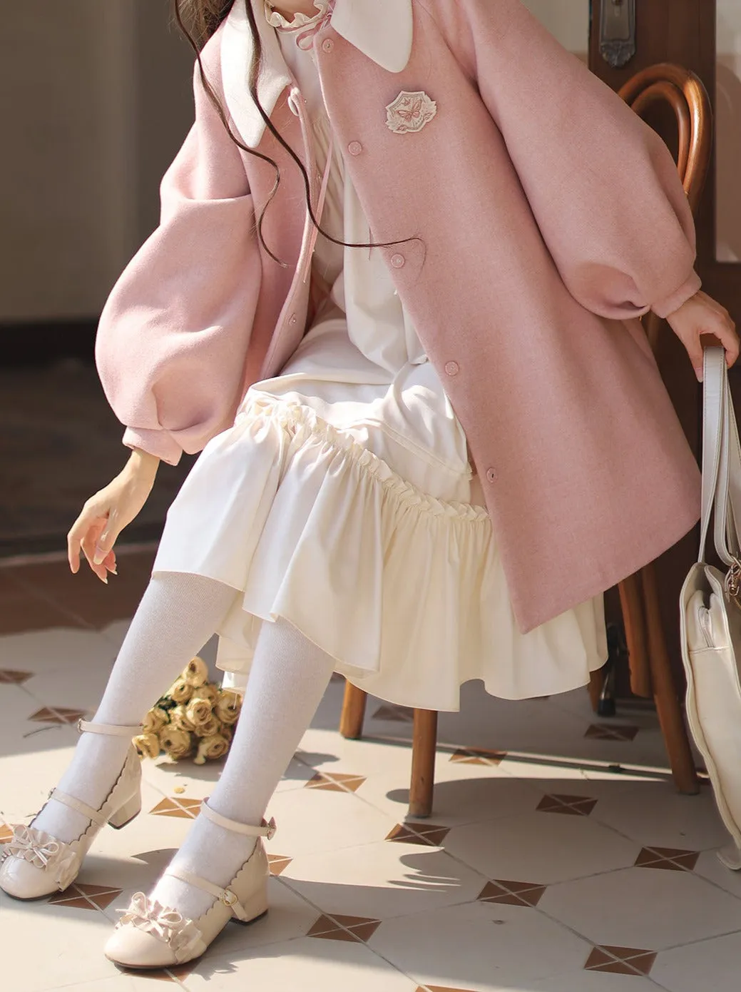 Badge Pink Frilled Doll   Lolita   Dress Off-White Coat Collar