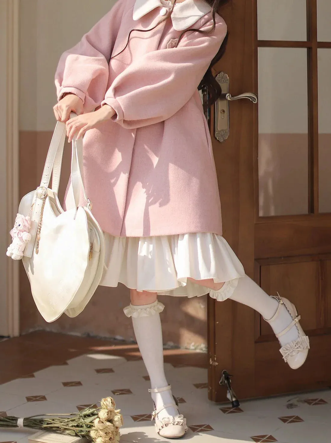Badge Pink Frilled Doll   Lolita   Dress Off-White Coat Collar