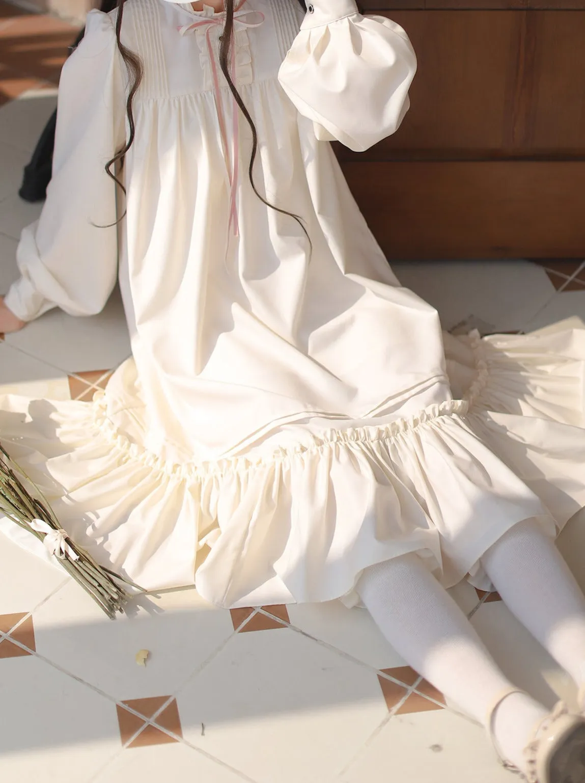 Badge Pink Frilled Doll   Lolita   Dress Off-White Coat Collar