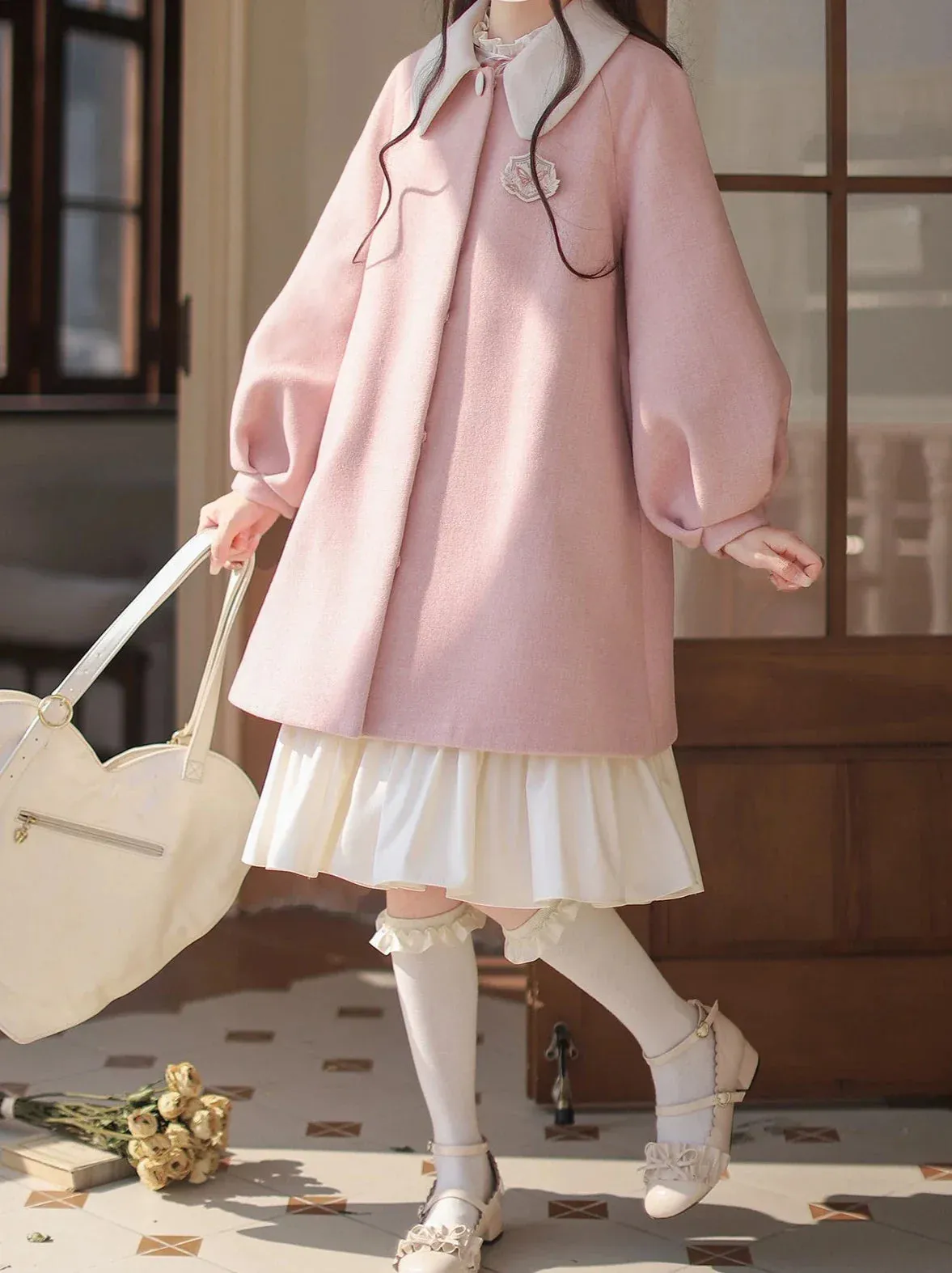 Badge Pink Frilled Doll   Lolita   Dress Off-White Coat Collar