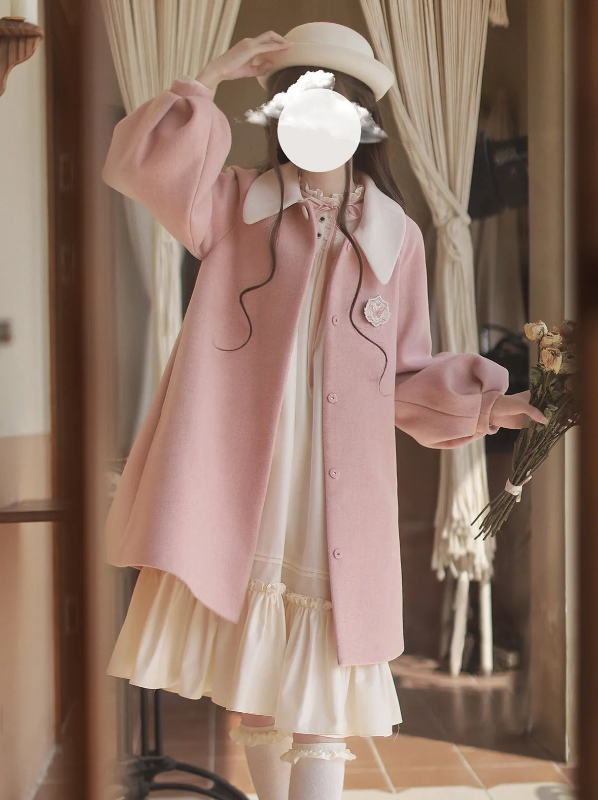 Badge Pink Frilled Doll   Lolita   Dress Off-White Coat Collar