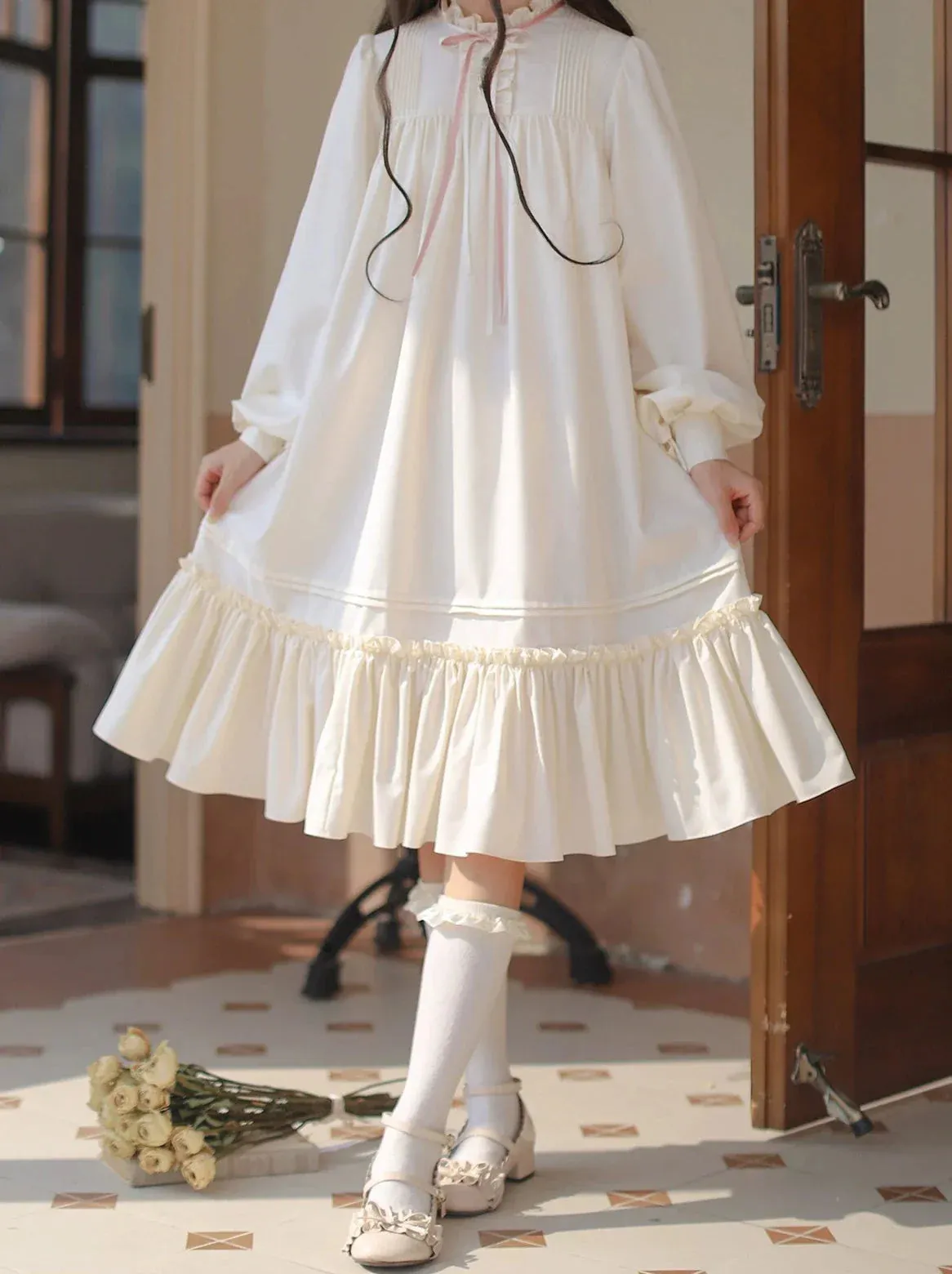 Badge Pink Frilled Doll   Lolita   Dress Off-White Coat Collar