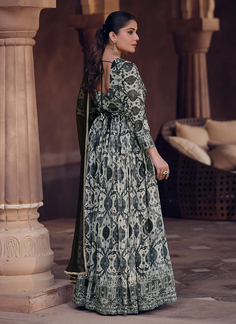 Black And White Digital Printed Sequence Embroidered Anarkali Gown