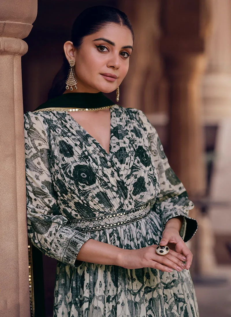 Black And White Digital Printed Sequence Embroidered Anarkali Gown