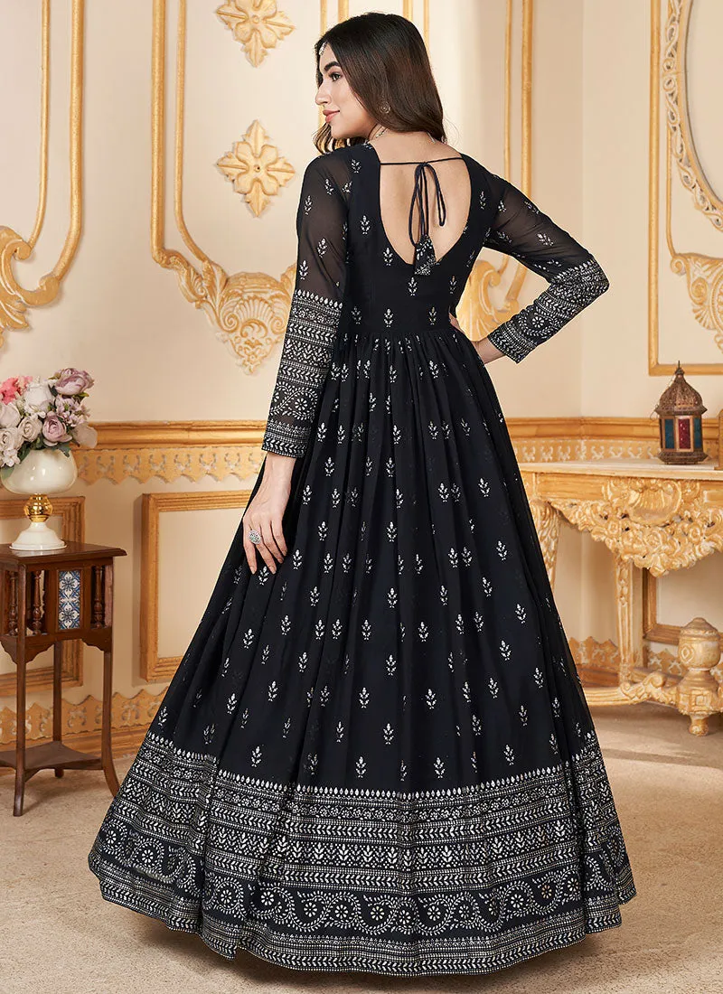 Black Metallic Foil Work Embellished Anarkali Gown And Dupatta