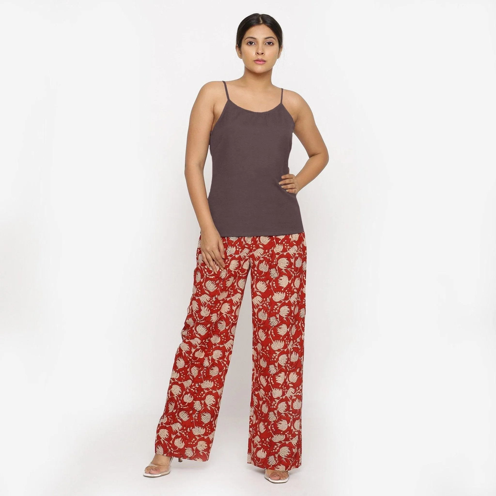 Brown Cotton Flax Relaxed Fit Spaghetti Top