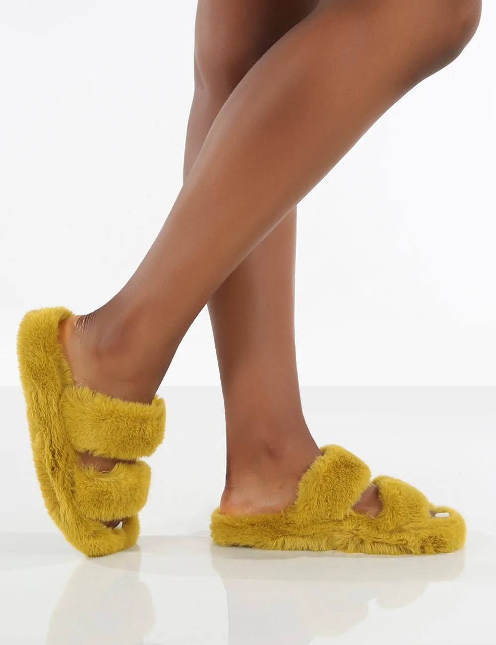 Bunny Mustard Double Strap Fluffy Slippers