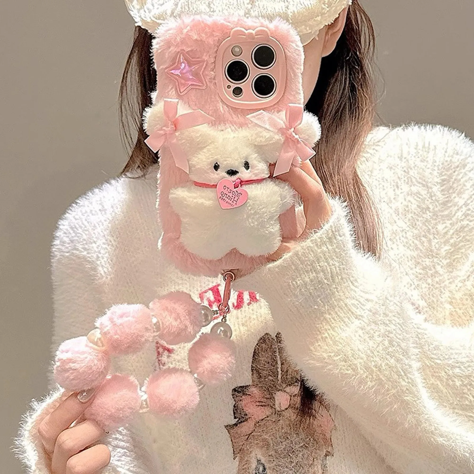 Cute Adorable Soft Pink 3D Plush Bear Wristlet Strap Phone Case Cover for iPhone