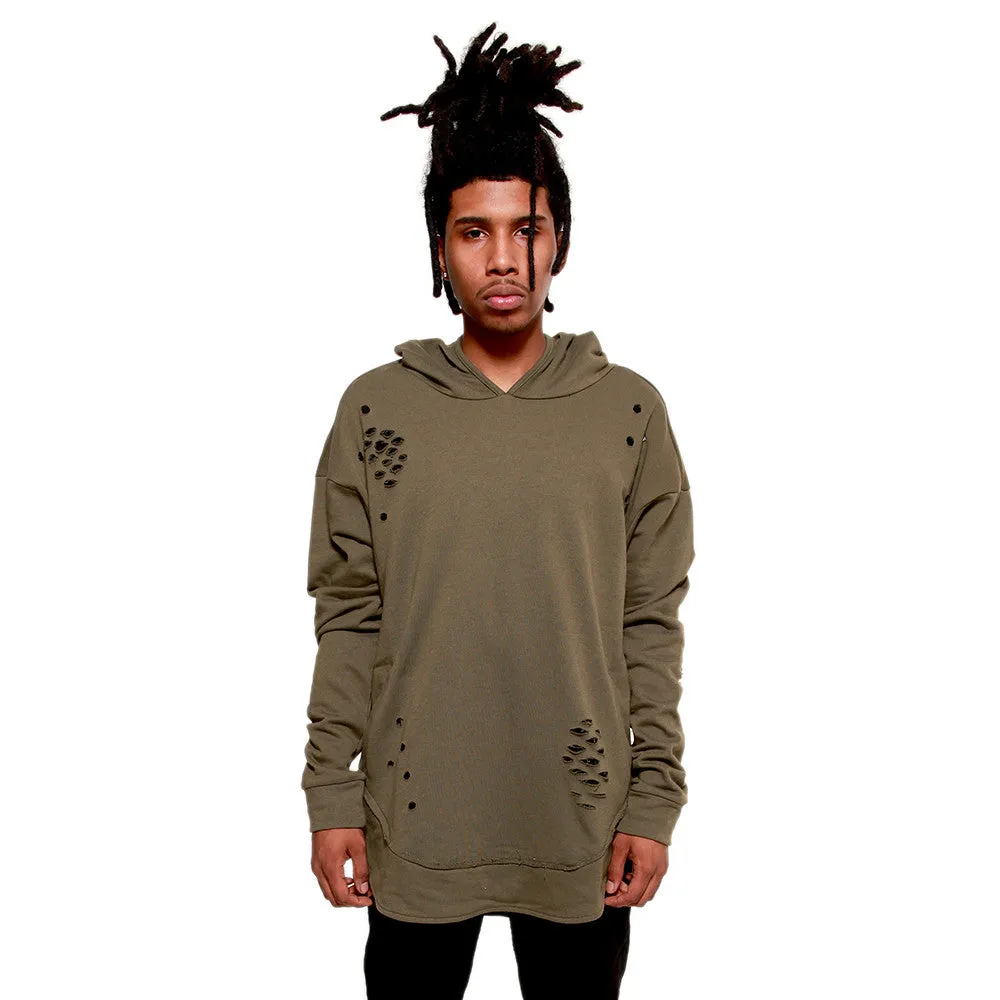 Olive Green Curved Hem Men Distressed Scoop Hoodie