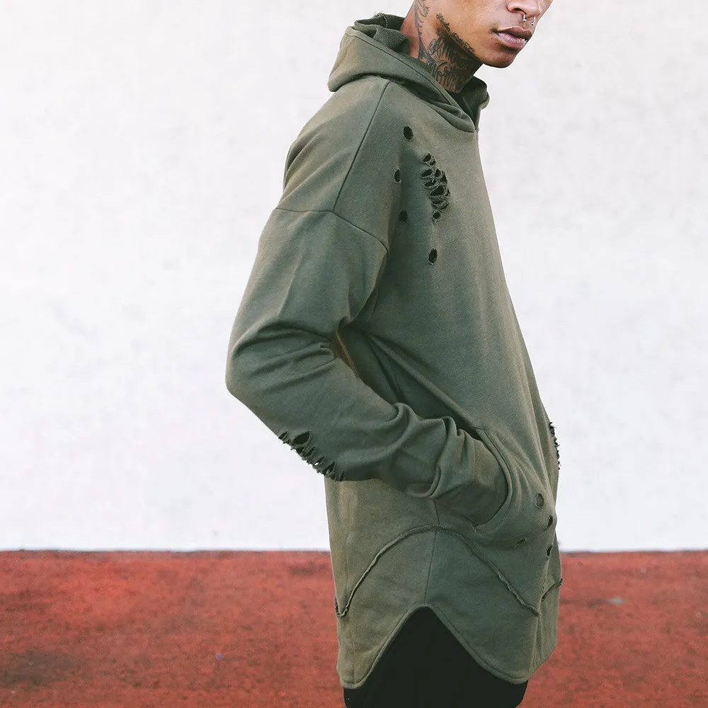 Olive Green Curved Hem Men Distressed Scoop Hoodie