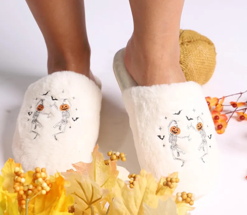 Personalized HALLOWEEN Dancing pumpkin Skeleton Fluffy Slippers - Cozy Close-Toe Footwear SP0708 04
