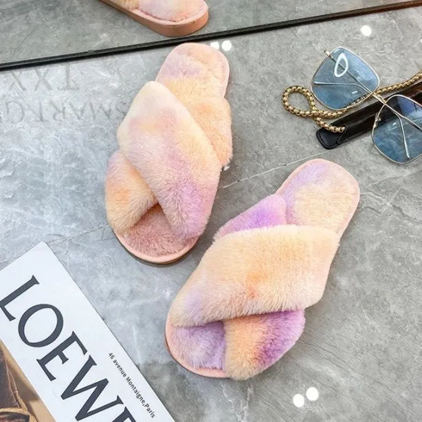 Rainbow Criss Cross Plush Slippers