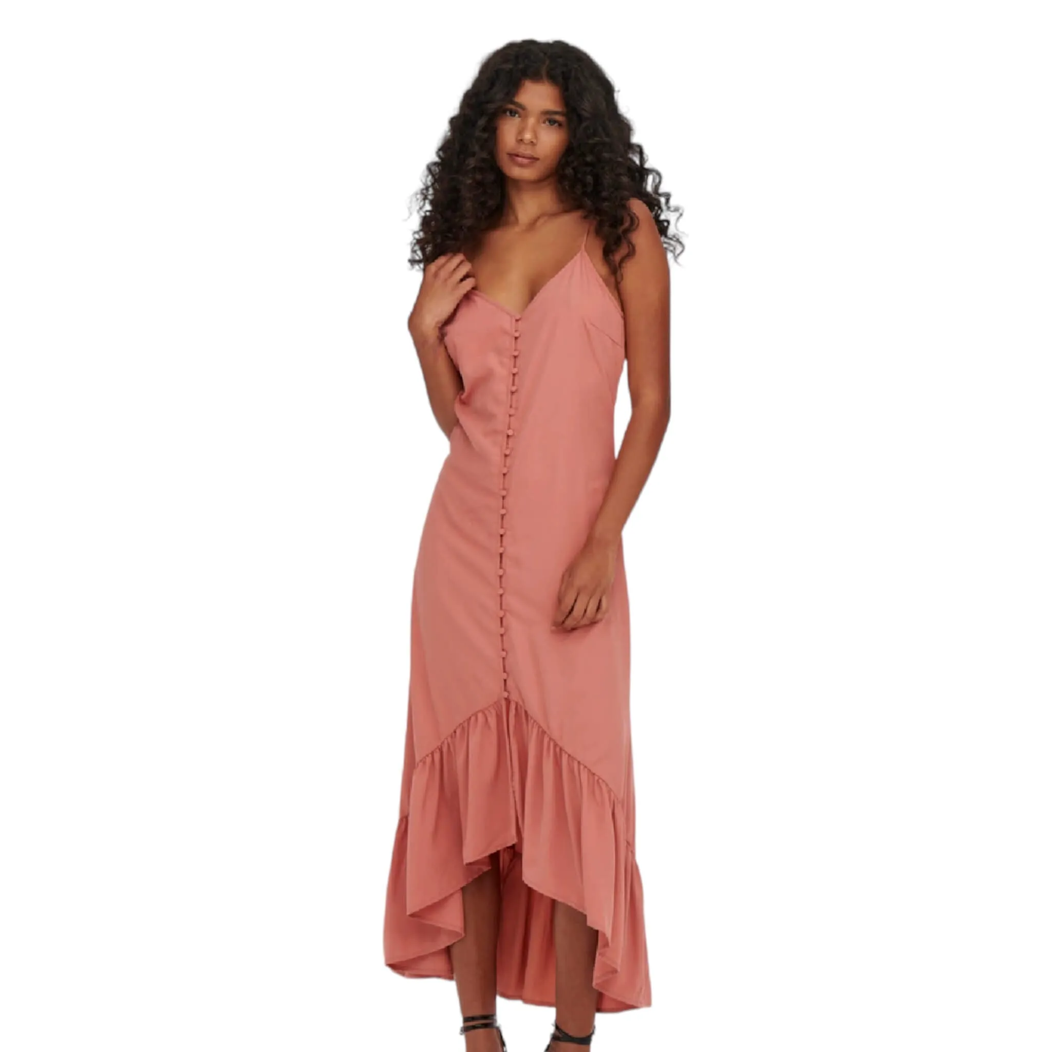 Rose Sleeveless V Neck Frilly Trim Maxi Dress